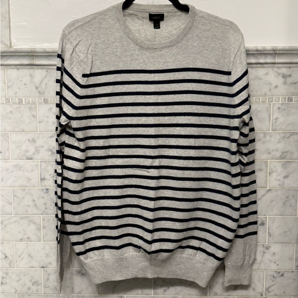 J. Crew Men's Sweater in Gray and Navy Stripes